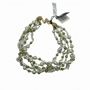 Mixed Pearls & Shells Multi Strand Necklace in Gold and White